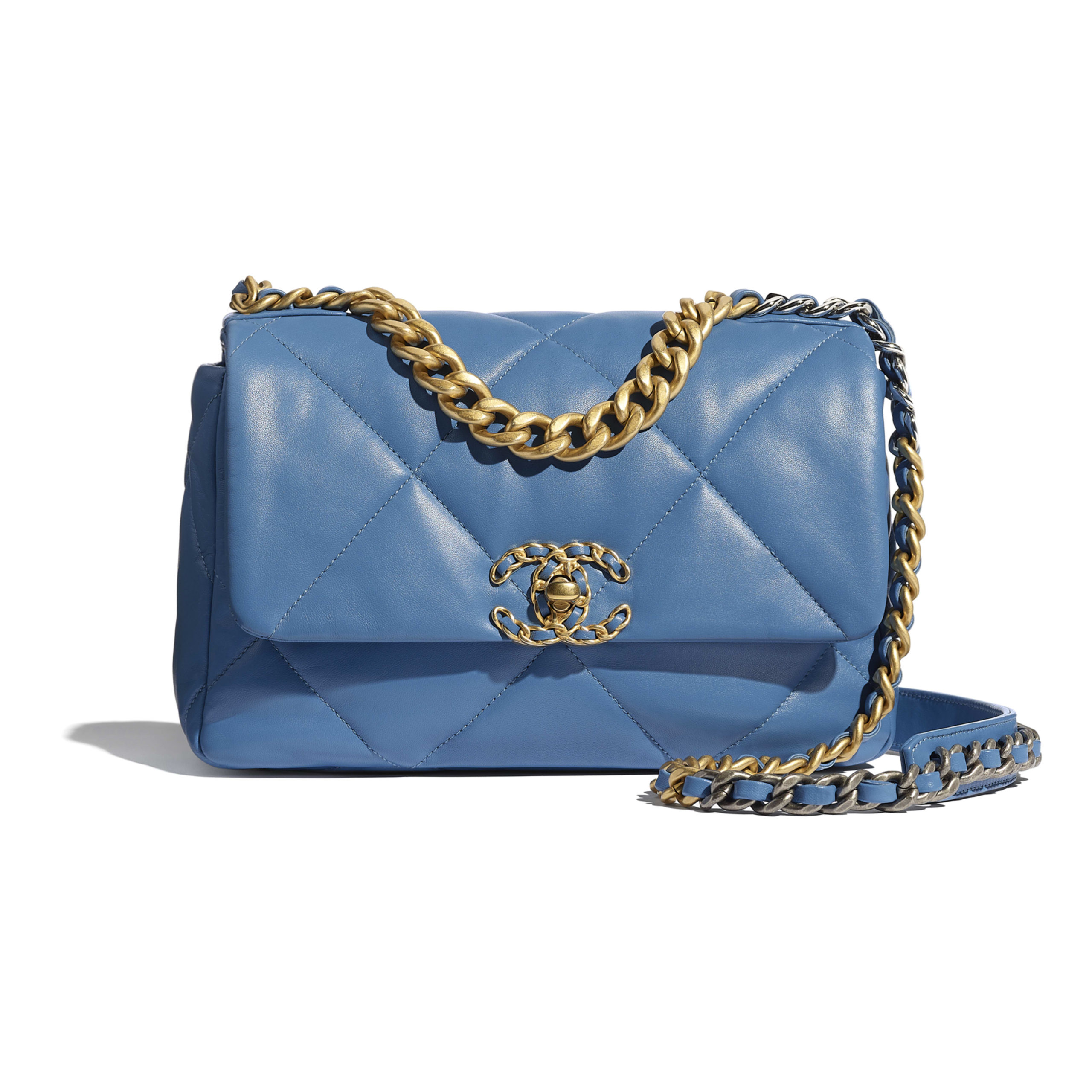 Turquoise Quilted Lambskin Chanel 19 Flap Gold and Ruthenium Hardware, 2020 (Very Good), Green/Blue Womens Handbag